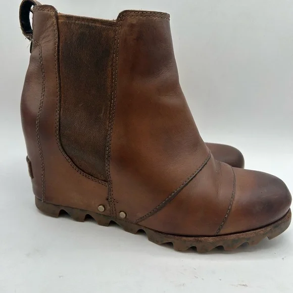 Sorel Women’s Lea Wedge Platform Booties Boots Leather  in Elk Curry Size 7 - Picture 8 of 12